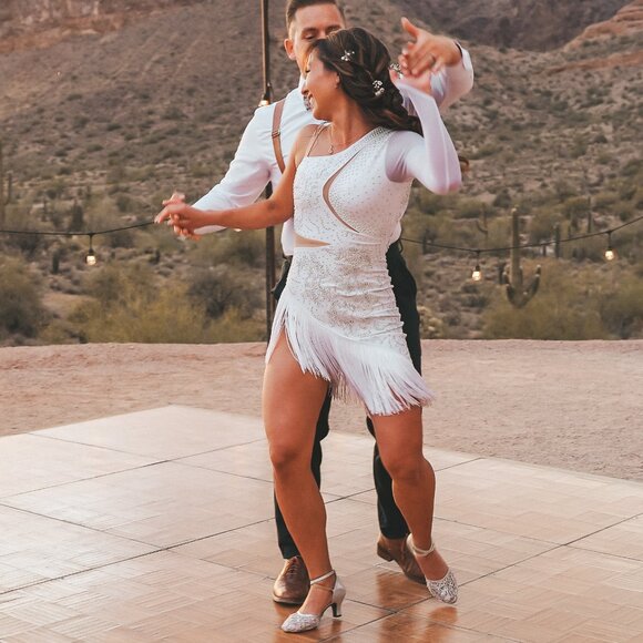 White Asymmetrical Beaded Performance Dance Dress (open back + tassels) - Picture 6 of 10